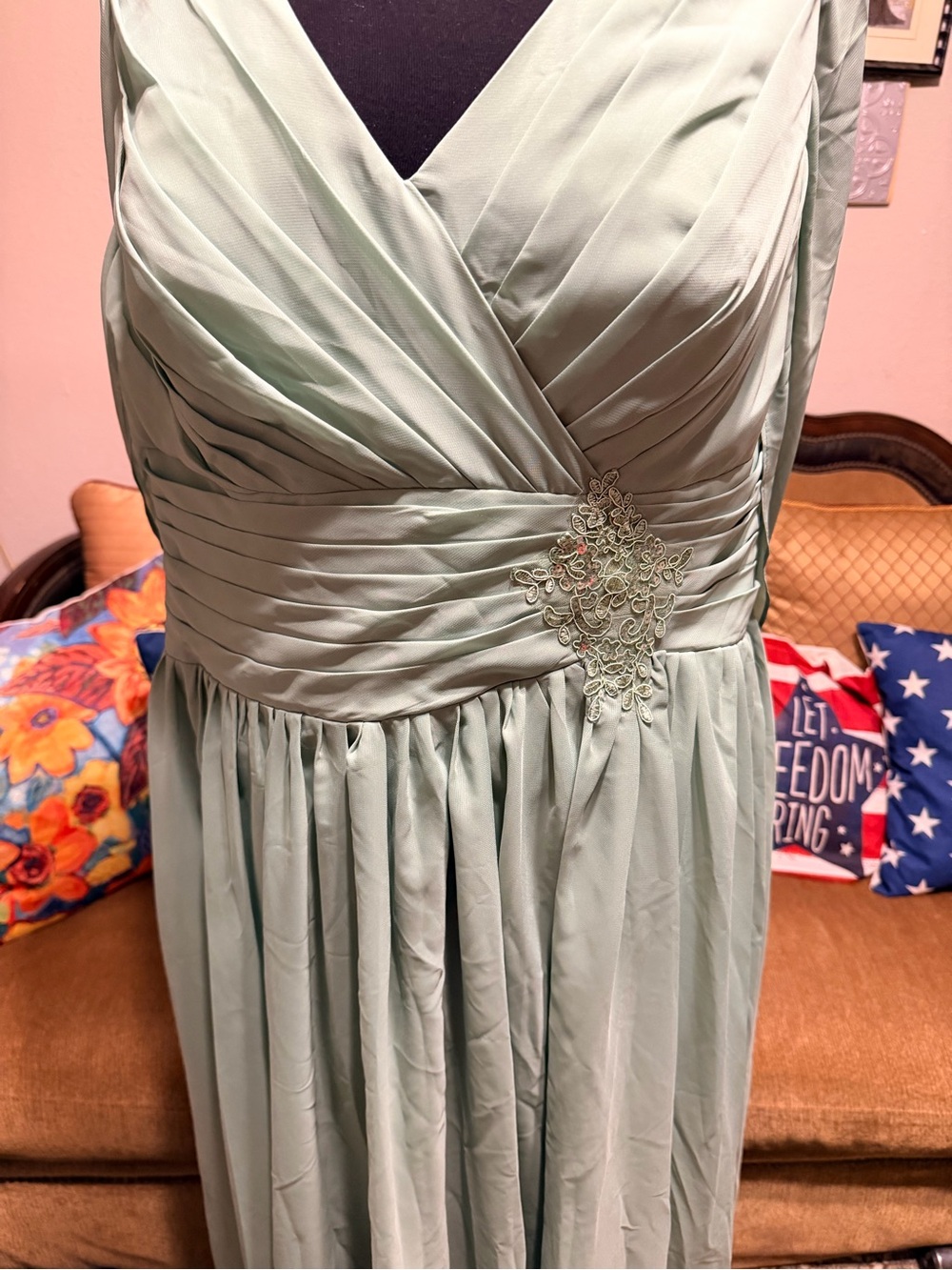 Sage Green V-Neck Wrap-Style Wedding Dress
